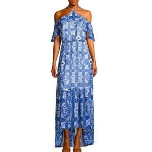 Bella Sky Blue Geometric Boho Halter Top Off Shoulder Hi-Low Maxi Dress size XS